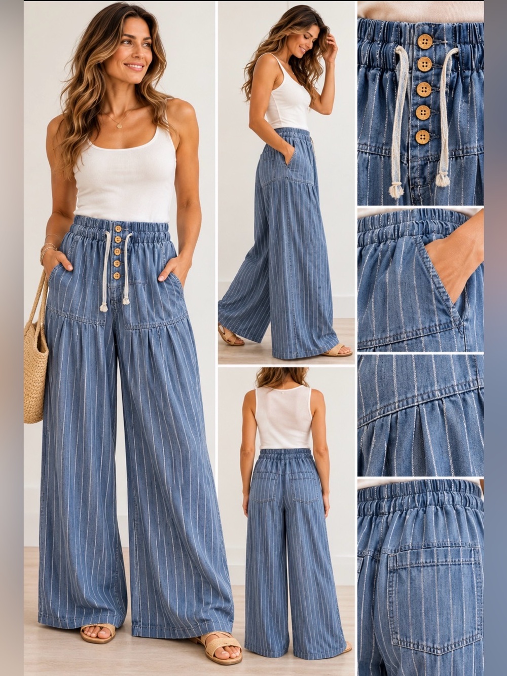 NWT Chartou Striped Wide Leg Pleated Denim Palazzo Pants - Medium drawstring